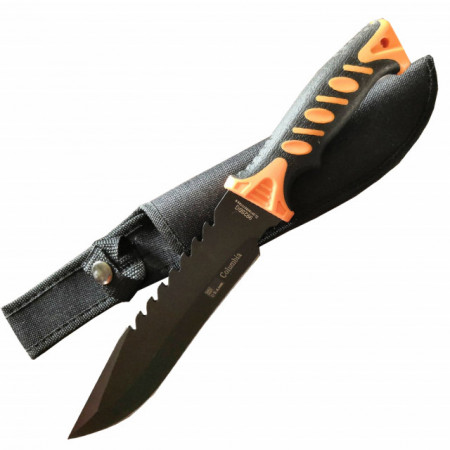 Cutit de vanatoare 32 cm, maner ergonomic - cauciuc texturat, teaca inclusa, negru cu portocaliu