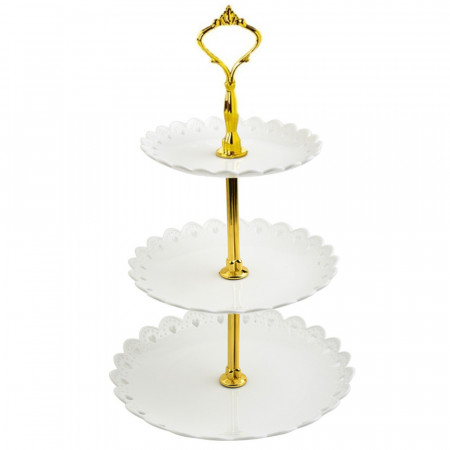 Fructiera etajata Pufo Cookies cu 3 nivele, pentru prajituri, torturi, fructe, aperitive, 34 x 27 cm, alb