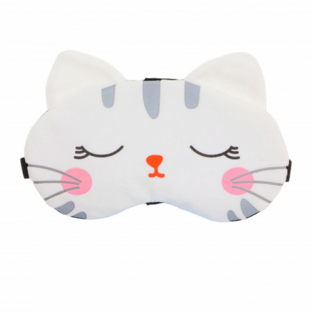 Masca pentru dormit sau calatorie, cu gel detasabil, Pufo Pisica Adormita, 20 cm, alb