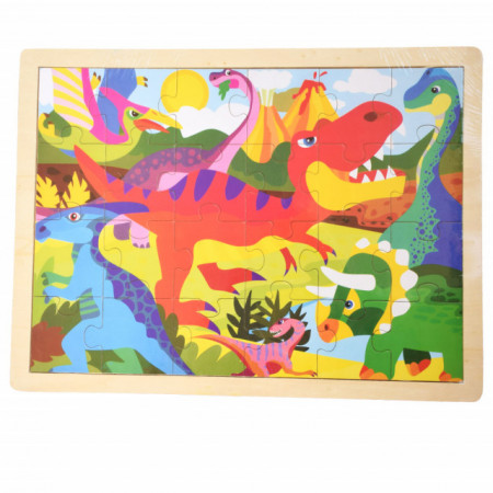 Puzzle din lemn Pufo pentru copii, model Scary Dino, 24 piese, 40 x 30 cm