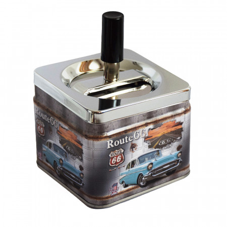 Scrumiera metalica Pufo Vintage Blue Car antivant cu buton