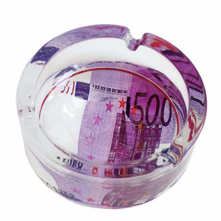 Scrumiera rotunda Pufo din sticla, model 500 Euro, 10 cm