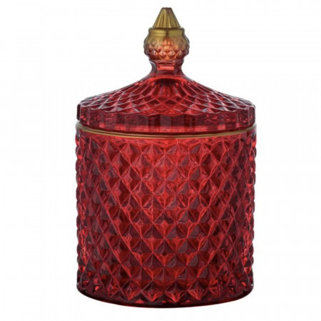 Bomboniera eleganta Pufo Luxury din sticla cu capac, 14 cm, rosu