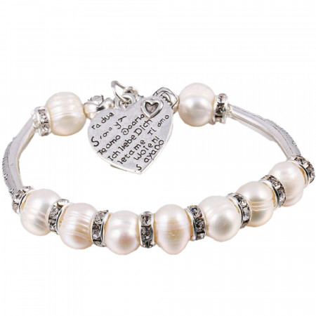 Bratara perle naturale de cultura albe, cu pandantiv in forma de inima si pietricele argintii