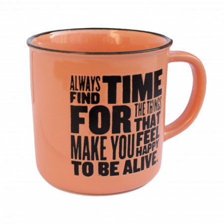 Cana ceramica Pufo Find Time, pentru ceai, cafea, suc, cu mesaj motivational, 420 ml, portocaliu