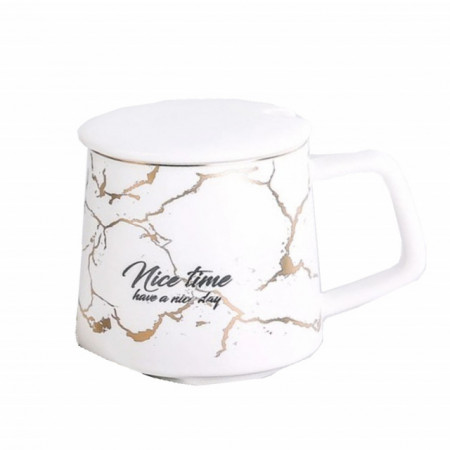 Cana cu capac din ceramica si lingurita Pufo Nice Time pentru cafea sau ceai, 300 ml, alb