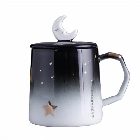 Cana cu capac din ceramica si lingurita Pufo Star pentru cafea sau ceai, 350 ml