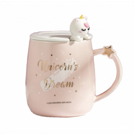 Cana cu capac din ceramica si lingurita Pufo Unicorn Dream pentru cafea sau ceai, 450 ml, roz