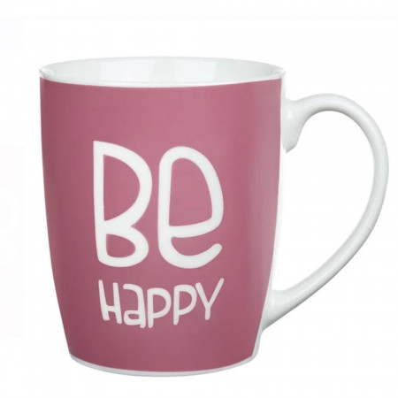 Cana Pufo Be Happy pentru ceai, cafea, suc, cu mesaj motivational, 360 ml, roz