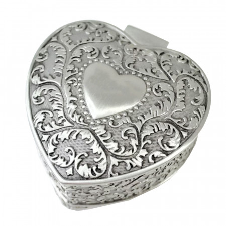 Caseta antimoniu metalica Pufo Love pentru depozitare si organizare bijuterii si accesorii, model in forma de inima, argintiu