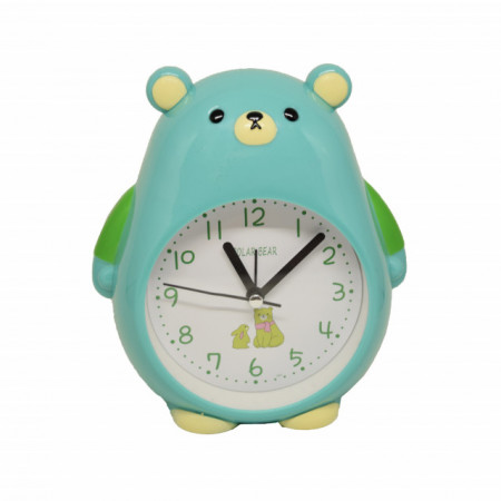 Ceas de masa desteptator pentru copii Pufo, model Ursuletul Grijuliu, 26 cm, verde