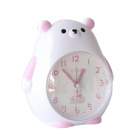 Ceas de masa desteptator pentru copii Pufo, model Ursuletul Grijuliu, 26 cm, alb/ roz