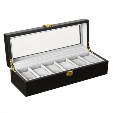 Cutie caseta din lemn pentru depozitare si organizare 6 ceasuri, model Pufo Premium, negru