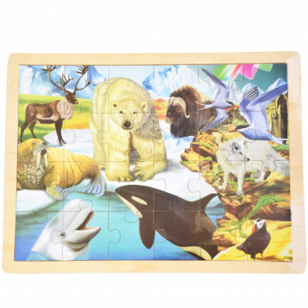 Puzzle din lemn Pufo pentru copii, model Antarctica, 24 piese, 40 x 30 cm