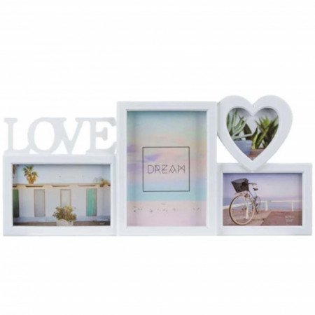 Rama foto decorativa cu 4 poze, model Pufo Love, 44 x 19 cm, alb