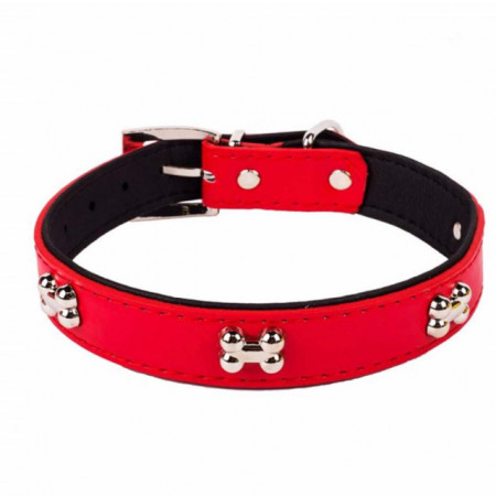 Zgarda rosie pentru caini cu model oase, Pufo, 35 x 1,5 cm