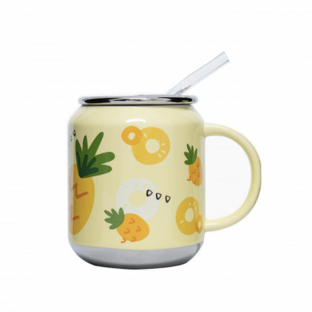 Cana ceramica Pufo Fruits cu capac si pai din sticla, pentru cafea sau ceai, 350 ml, galben