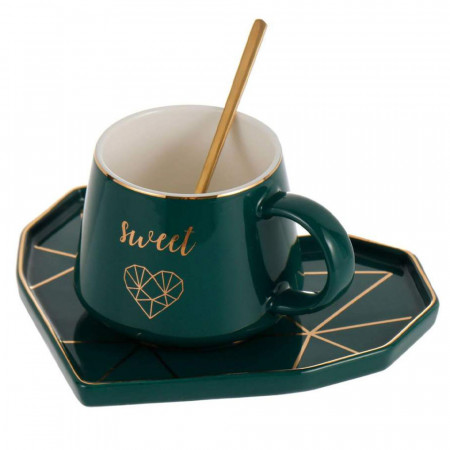 Cana cu farfurie din ceramica si lingurita Pufo Elegant Sweet pentru cafea sau ceai, 180 ml, verde