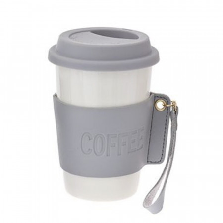 Cana de voiaj Pufo Love Coffee din ceramica cu protectie termica pentru cafea sau ceai, 415 ml, alb/gri