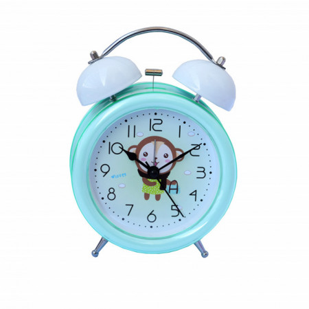 Ceas de masa desteptator pentru copii Pufo Joy, cu buton de iluminare cadran, 16 cm, model Happy Monkey