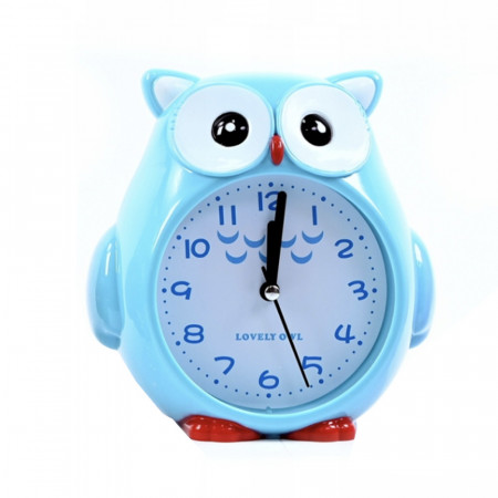 Ceas de masa desteptator pentru copii Pufo, model Bufnita Atenta, 17 cm, albastru