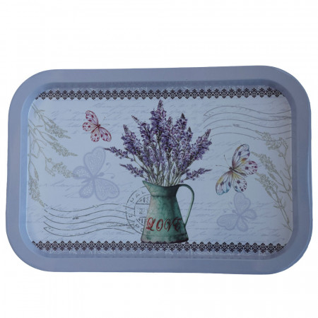 Farfurie metalica Pufo Lavender bouquet pentru servire desert, prajituri, aperitive, 34 x 23 cm