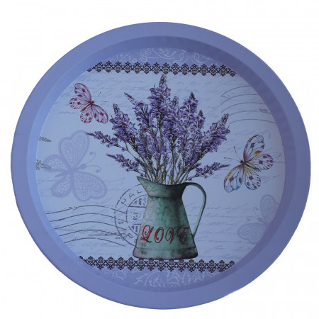 Farfurie metalica rotunda Pufo Lavender bouquet pentru servire desert, prajituri, aperitive, 33 cm
