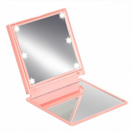 Mini oglinda Pufo No Filter Beauty de buzunar pentru machiaj, iluminata cu LED, perfecta pentru calatorie, iesire in oras, roz