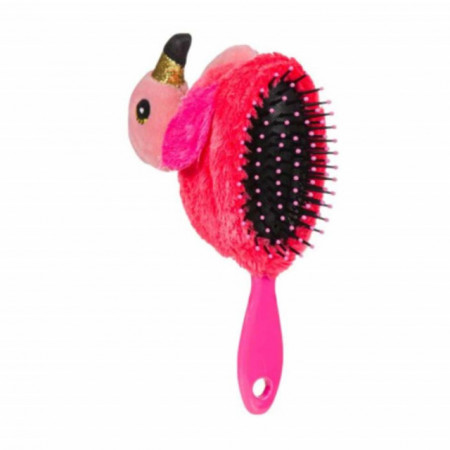Perie de par pentru copii Pufo Baby Pink cu jucarie roz, 18 cm