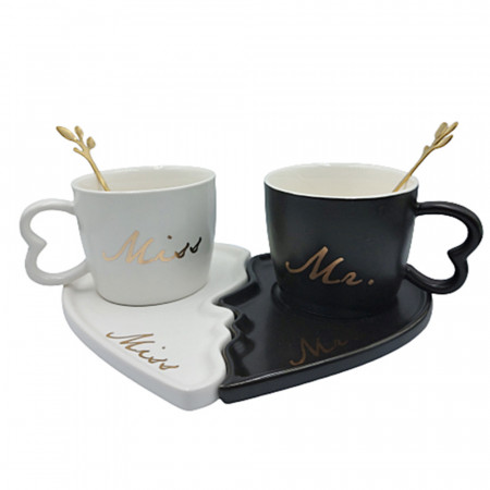 Set 2 cani pentru ceai sau cafea cu lingurita si capac, Pufo Miss&Ms, 180 ml, ceramica