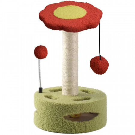 Ansamblu de joaca Pufo Flower pentru pisici, cu stalp pentru zgariat si minge, 33 cm, verde deschis/rosu