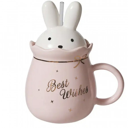Cana ceramica cu capac Pufo Bunny, pentru cafea sau ceai, 500 ml, roz