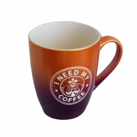 Cana ceramica Pufo Need Coffee, pentru ceai, cafea, suc, 360 ml, galben/mov