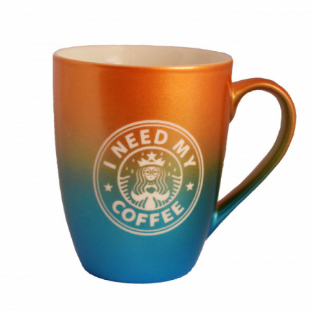 Cana ceramica Pufo Need Coffee, pentru ceai, cafea, suc, 360 ml, portocaliu/albastru