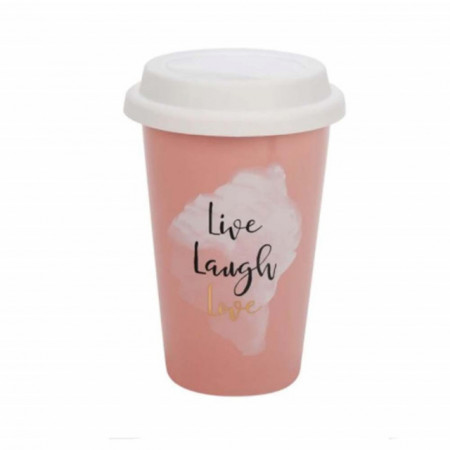Cana ceramica Pufo pentru cafea sau ceai cu capac din silicon, model Live, laugh, love, 385 ml