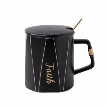Cana cu capac din ceramica si lingurita Pufo Faith pentru cafea sau ceai, 320 ml, negru