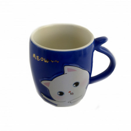 Cana cu capac din ceramica si lingurita Pufo Kitty pentru cafea sau ceai, 400 ml, albastru