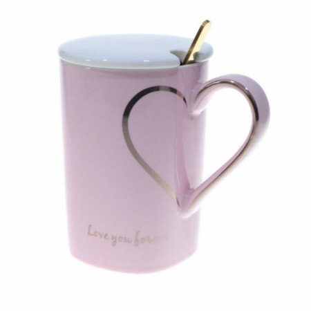 Cana cu capac din ceramica si lingurita Pufo Love you Sweetheart pentru cafea sau ceai, 350 ml, roz