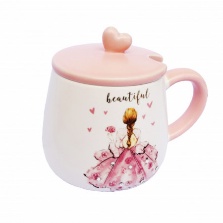 Cana cu capac din ceramica si lingurita Pufo Pinky Bride pentru cafea sau ceai, 350 ml, roz
