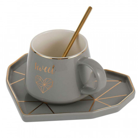 Cana cu farfurie din ceramica si lingurita Pufo Elegant Sweet pentru cafea sau ceai, 180 ml, gri