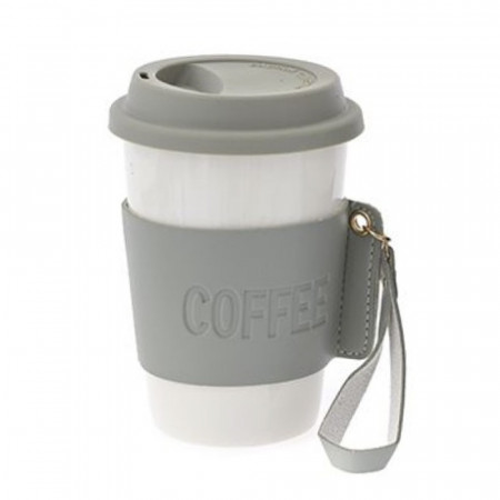 Cana de voiaj Pufo Love Coffee din ceramica cu protectie termica pentru cafea sau ceai, 415 ml, alb/verde