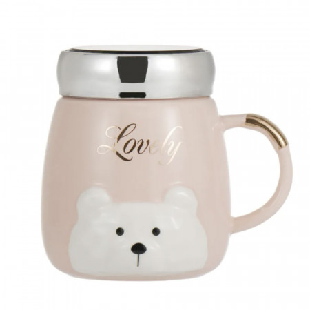 Cana din ceramica cu capac Pufo Lovely Bear pentru cafea sau ceai, 350 ml, roz