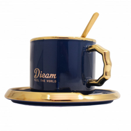 Cana din ceramica si lingurita Pufo Luxury pentru cafea sau ceai, 230 ml, albastru