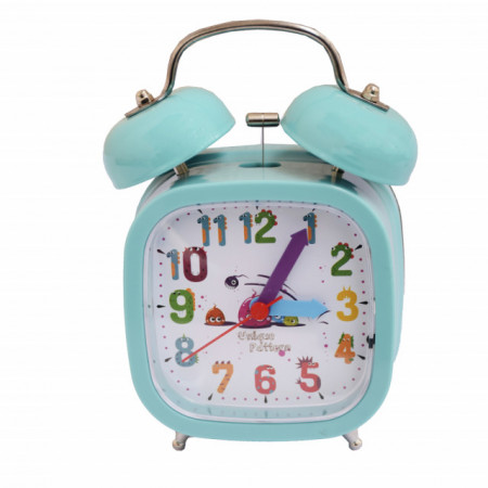 Ceas de masa desteptator pentru copii Pufo Little Friends, cu buton de iluminare cadran, 15 cm, patrat, turcoaz