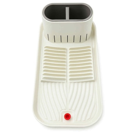 Scurgator ingust de bucatarie Pufo pentru uscat vase cu suport pentru tacamuri, 40 x 20 cm, crem/maro