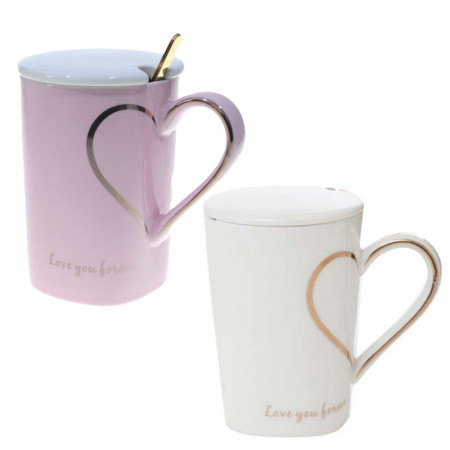 Set 2 cani cu capac din ceramica si lingurita Pufo Love you Sweetheart pentru cafea sau ceai, 350 ml, alb/roz