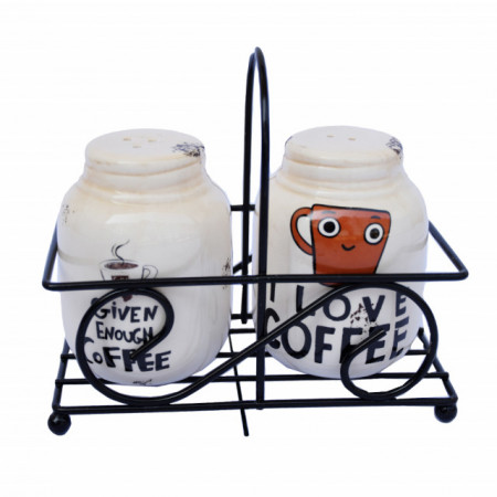 Set recipiente pentru sare si piper, Pufo Coffe, cu suport metalic, 15 x 10 cm