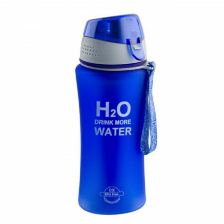Sticla sport pentru apa Pufo, model Drink More Water, cu suport pentru gheata, 480 ml, albastru