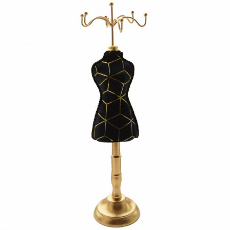 Suport de bijuterii elegant 31 cm, model manechin, Pufo Golden Luxury, negru cu auriu