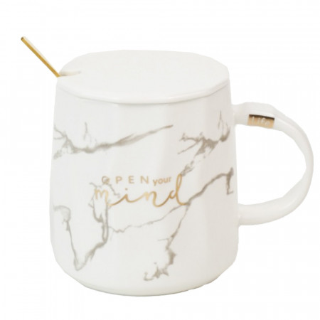 Cana cu capac din ceramica si lingurita Pufo Mind & Life pentru cafea sau ceai, 350 ml, alb